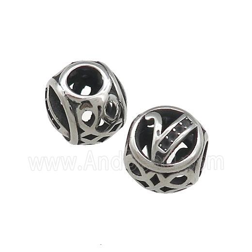 Titanium Steel Round Beads Letter-V Large Hole Hollow Antique Silver