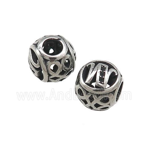 Titanium Steel Round Beads Letter-W Large Hole Hollow Antique Silver