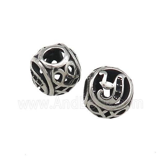 Titanium Steel Round Beads Letter-Y Large Hole Hollow Antique Silver