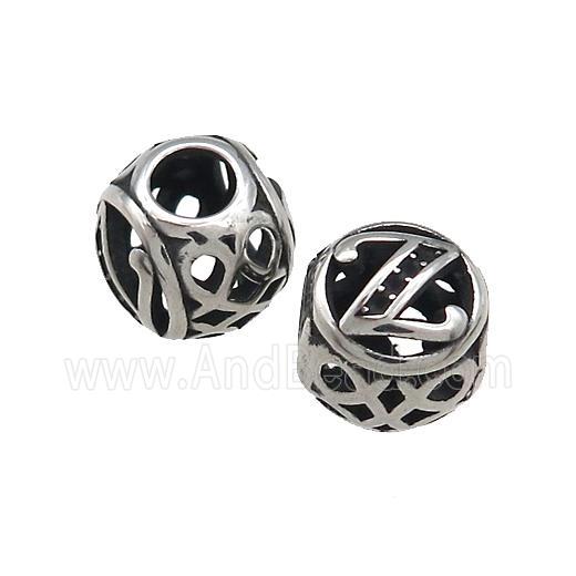 Titanium Steel Round Beads Letter-Z Large Hole Hollow Antique Silver