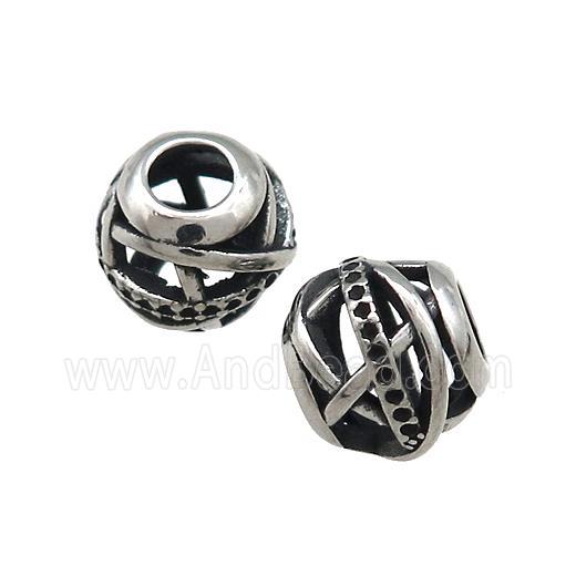 Titanium Steel Round Beads Large Hole Hollow Antique Silver