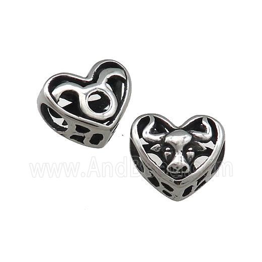 Titanium Steel Heart Beads Zodiac Taurus Large Hole Hollow Antique Silver