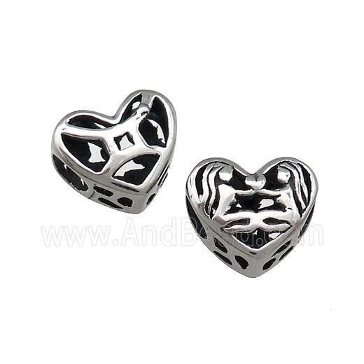 Titanium Steel Heart Beads Zodiac Gemini Large Hole Hollow Antique Silver