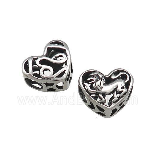 Titanium Steel Heart Beads Zodiac Leo Large Hole Hollow Antique Silver