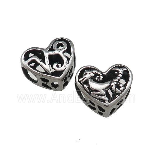 Titanium Steel Heart Beads Zodiac Capricorn Large Hole Hollow Antique Silver