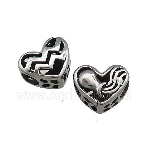 Titanium Steel Heart Beads Zodiac Aquarius Large Hole Hollow Antique Silver