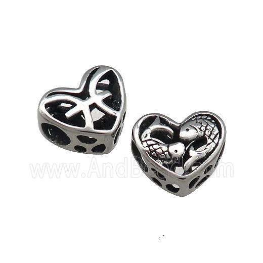 Titanium Steel Heart Beads Zodiac Pisces Large Hole Hollow Antique Silver