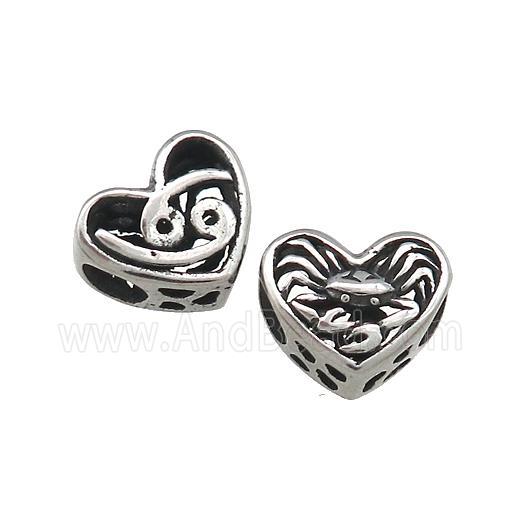 Titanium Steel Heart Beads Zodiac Cancer Large Hole Hollow Antique Silver