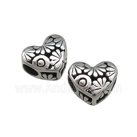 Titanium Steel Heart Beads Flower Large Hole Hollow Antique Silver
