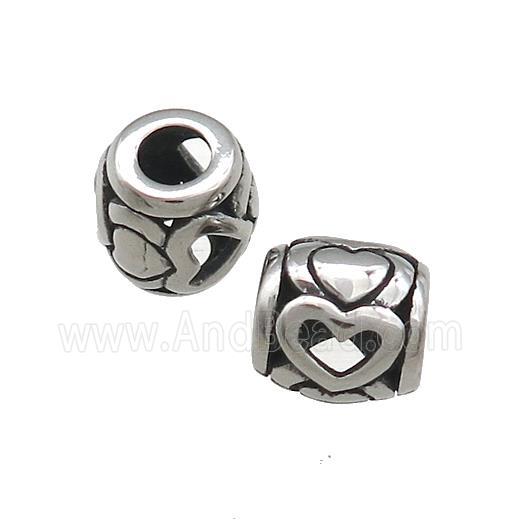 Titanium Steel Barrel Beads Heart Large Hole Hollow Antique Silver