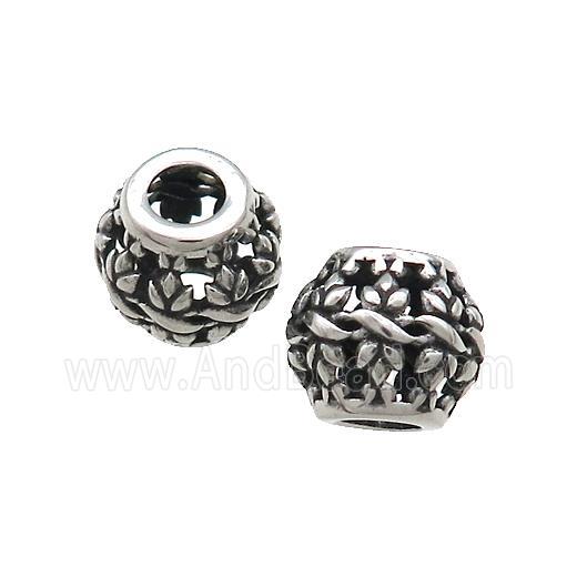 Titanium Steel Round Beads Large Hole Hollow Antique Silver