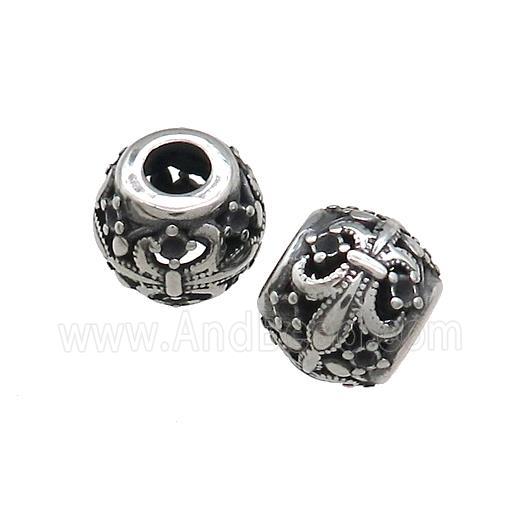 Titanium Steel Round Beads Large Hole Hollow Fleur De Lis Antique Silver