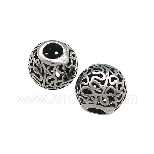 Titanium Steel Round Beads Large Hole Hollow Antique Silver
