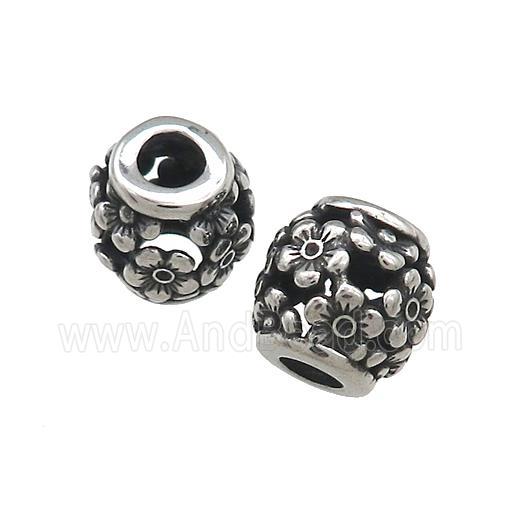 Titanium Steel Barrel Beads Flower Large Hole Hollow Antique Silver
