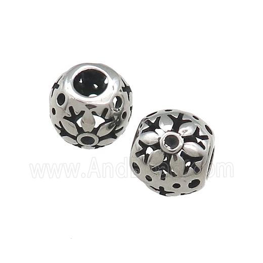 Titanium Steel Round Beads Large Hole Hollow Antique Silver