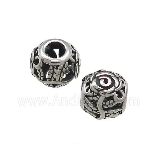 Titanium Steel Round Beads Large Hole Hollow Flower Antique Silver