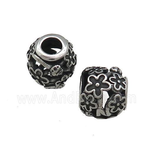 Titanium Steel Round Beads Large Hole Hollow Flower Antique Silver