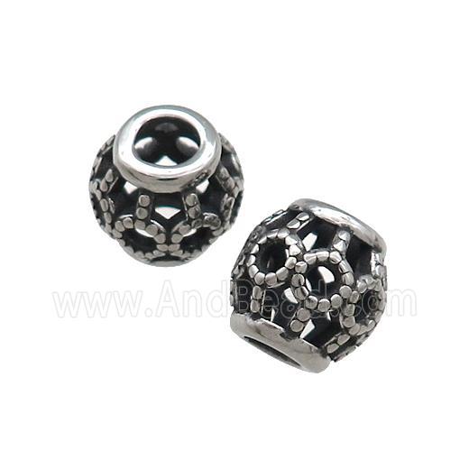Titanium Steel Round Beads Large Hole Hollow Antique Silver