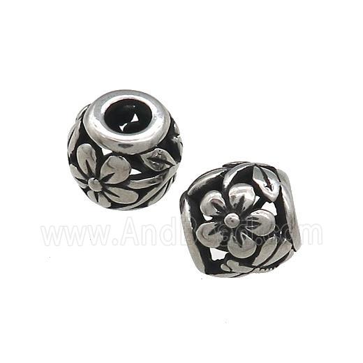 Titanium Steel Round Beads Large Hole Hollow Flower Antique Silver