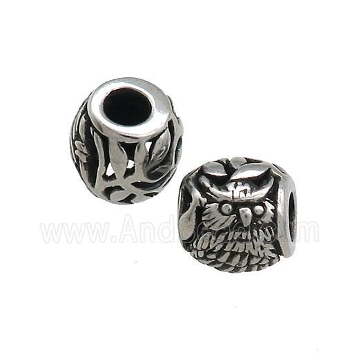 Titanium Steel Round Beads Large Hole Hollow Owl Antique Silver
