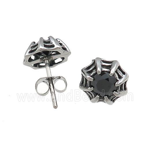 Stainless Steel Stud Earring Pave Rhinestone Cobweb Antique Silver