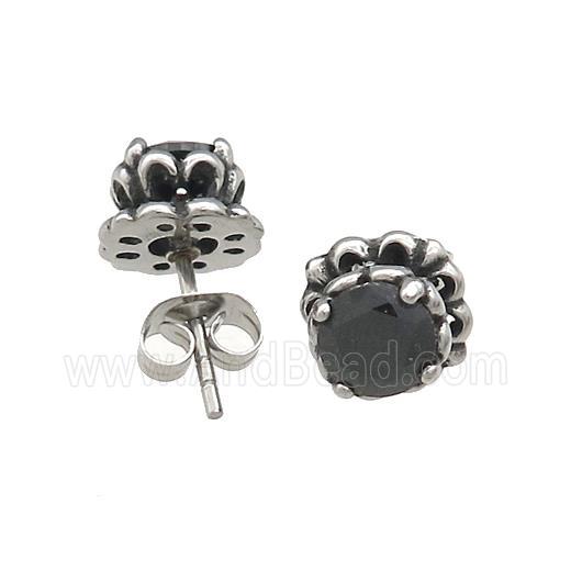 Stainless Steel Stud Earring Pave Rhinestone Lotus Antique Silver