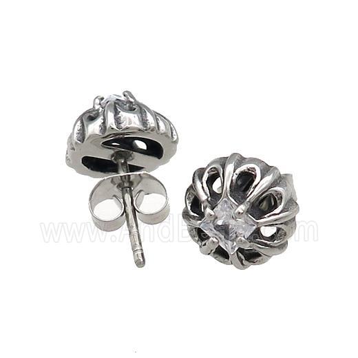 Stainless Steel Stud Earring Pave Rhinestone Antique Silver