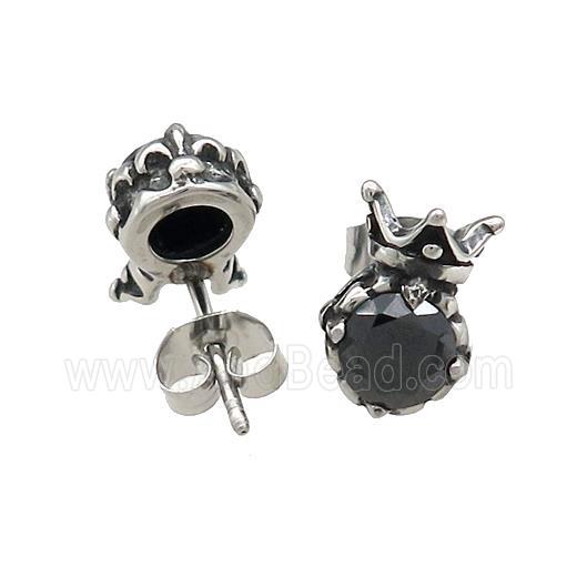 Stainless Steel Stud Earring Pave Rhinestone Crown Antique Silver