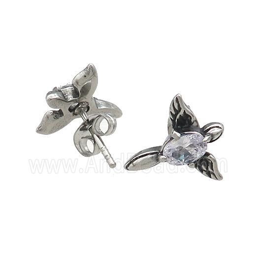 Stainless Steel Stud Earring Pave Rhinestone Angel Wings Antique Silver