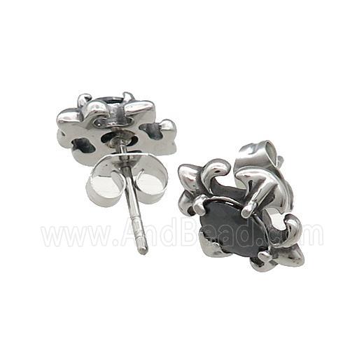 Stainless Steel Stud Earring Pave Rhinestone Flower Of Lily Antique Silver