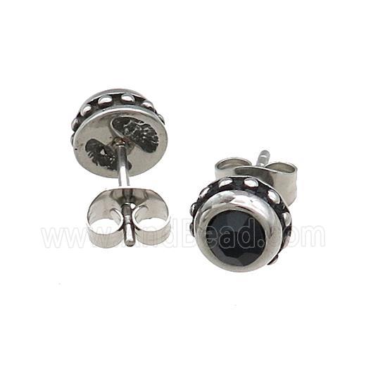 Stainless Steel Stud Earring Pave Rhinestone Antique Silver