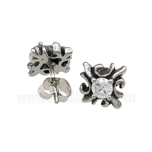 Stainless Steel Stud Earring Pave Rhinestone Antique Silver
