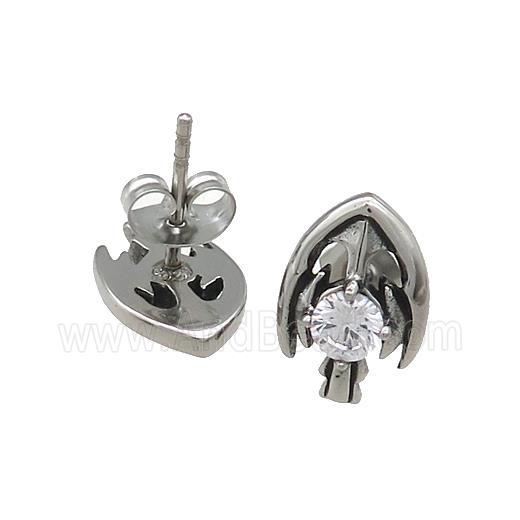 Stainless Steel Stud Earring Pave Rhinestone Shield Antique Silver