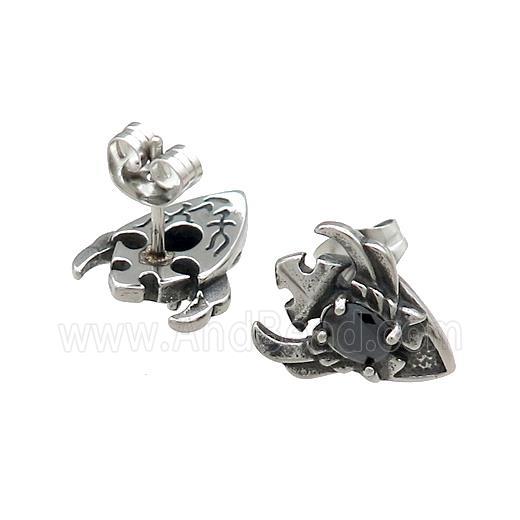 Stainless Steel Stud Earring Pave Rhinestone Shield Antique Silver