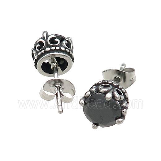 Stainless Steel Stud Earring Pave Rhinestone Flower Of Lily Antique Silver
