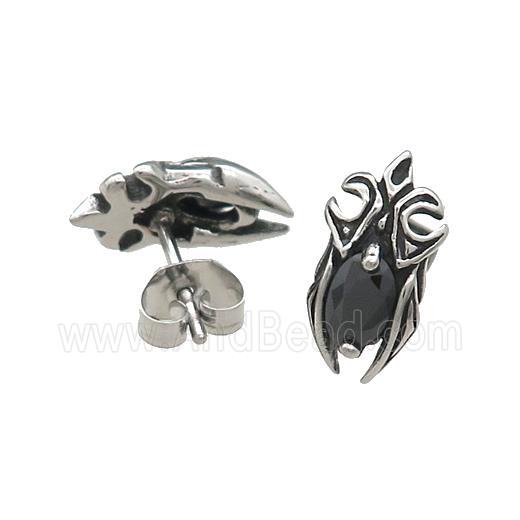 Stainless Steel Stud Earring Pave Rhinestone Loricae Antique Silver