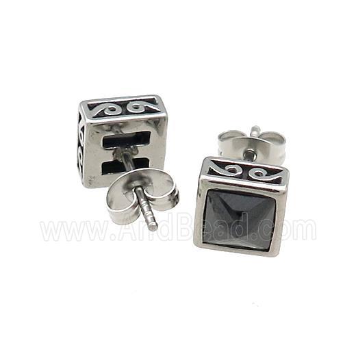 Stainless Steel Stud Earring Pave Rhinestone Antique Silver