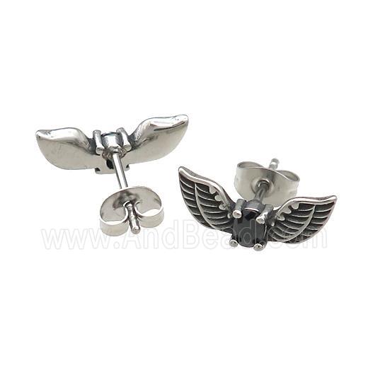 Stainless Steel Stud Earring Pave Rhinestone Angel Wings Antique Silver