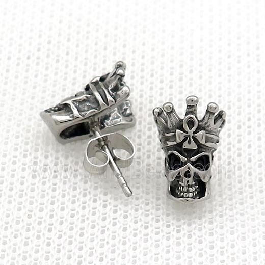 Stainless Steel Stud Earring Pave Rhinestone Skull Antique Silver