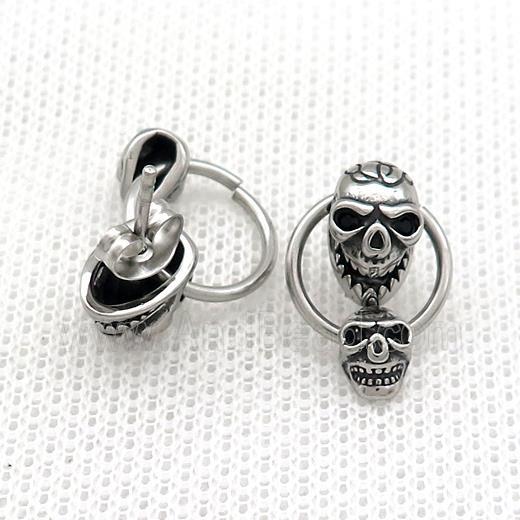 Stainless Steel Stud Earring Pave Rhinestone Skull Antique Silver