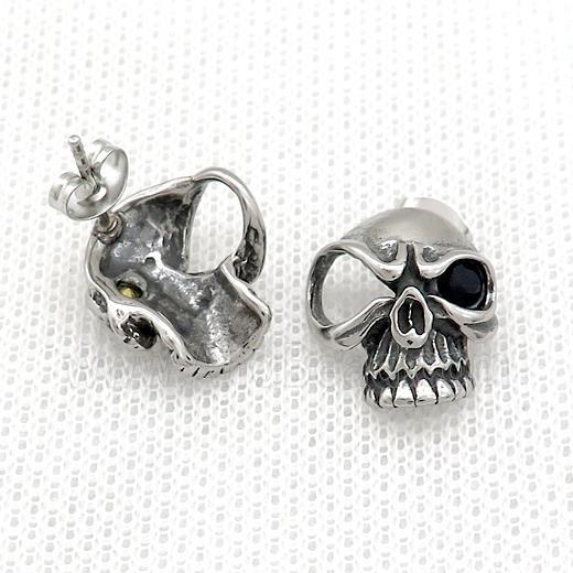 Stainless Steel Stud Earring Pave Rhinestone Skull Antique Silver