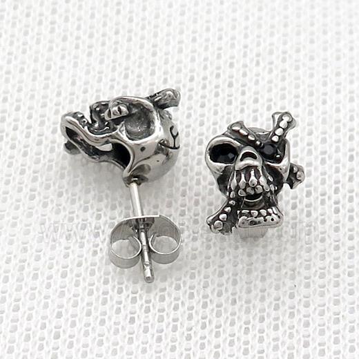 Stainless Steel Stud Earring Pave Rhinestone Skull Antique Silver