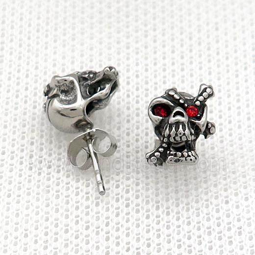 Stainless Steel Stud Earring Pave Rhinestone Skull Antique Silver
