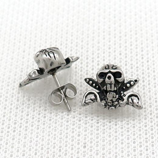 Stainless Steel Stud Earring Pave Rhinestone Skull Antique Silver