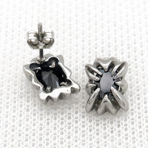 Stainless Steel Stud Earring Pave Rhinestone Antique Silver