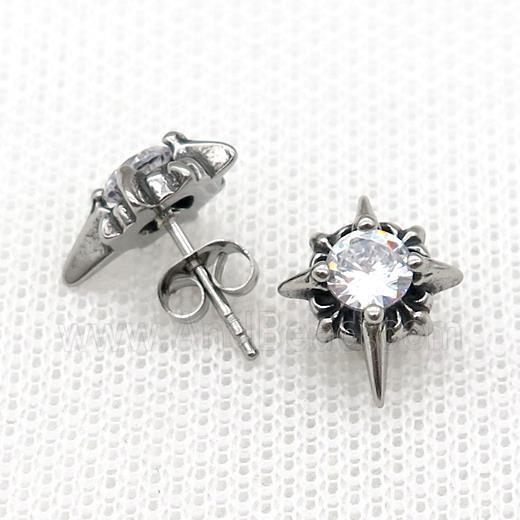 Stainless Steel Stud Earring Pave Rhinestone Antique Silver
