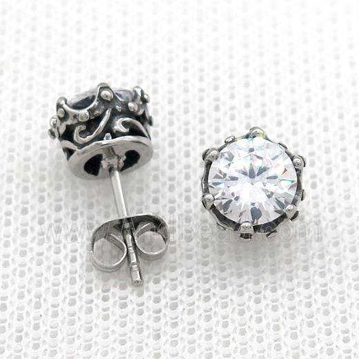 Stainless Steel Stud Earring Pave Rhinestone Antique Silver