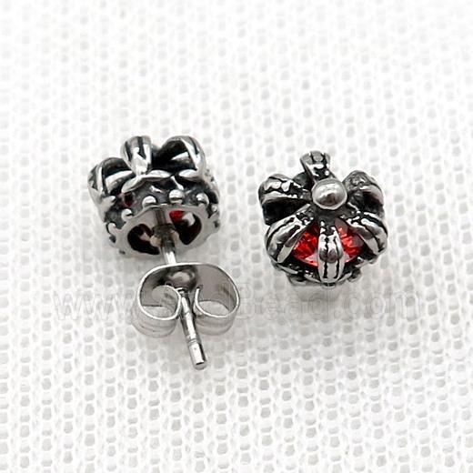Stainless Steel Stud Earring Pave Red Rhinestone Crown Antique Silver