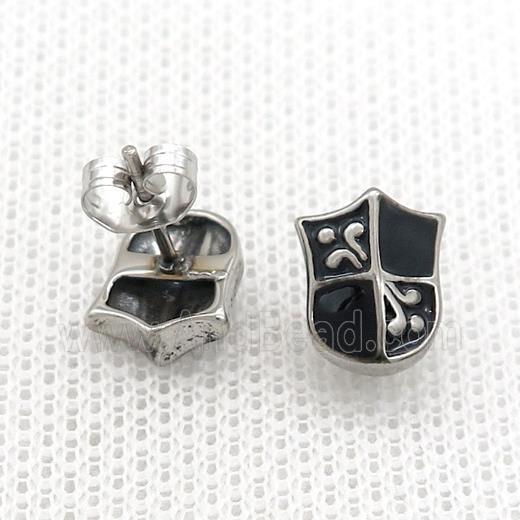 Stainless Steel Stud Earring Shield Antique Silver