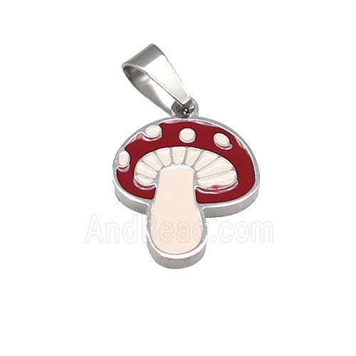 Raw Stainless Steel Mushroom Pendant Red Enamel
